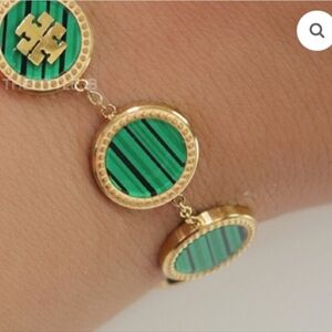 Tory Burch Malachite Link Bracelet Gold and Green With Logo